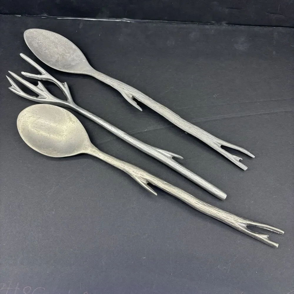 Vintage Aluminum Grey Tree Branch‎ Twigs Serving Set Salad Mixing Spoons